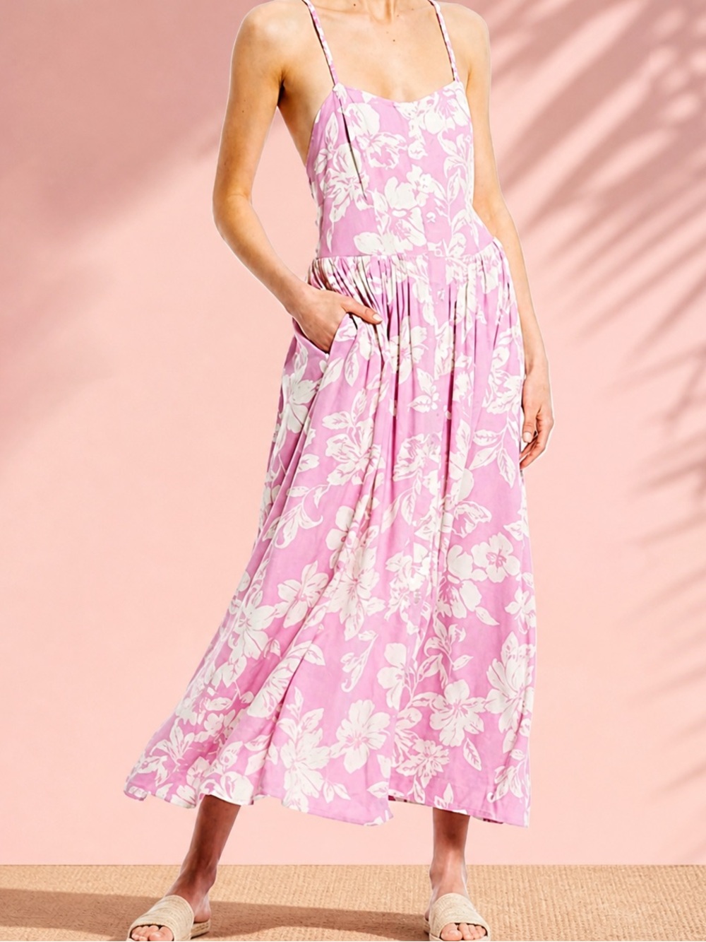 Free People Pink Floral Maxi Dress Open Back Tie Button Front Boho Size XS